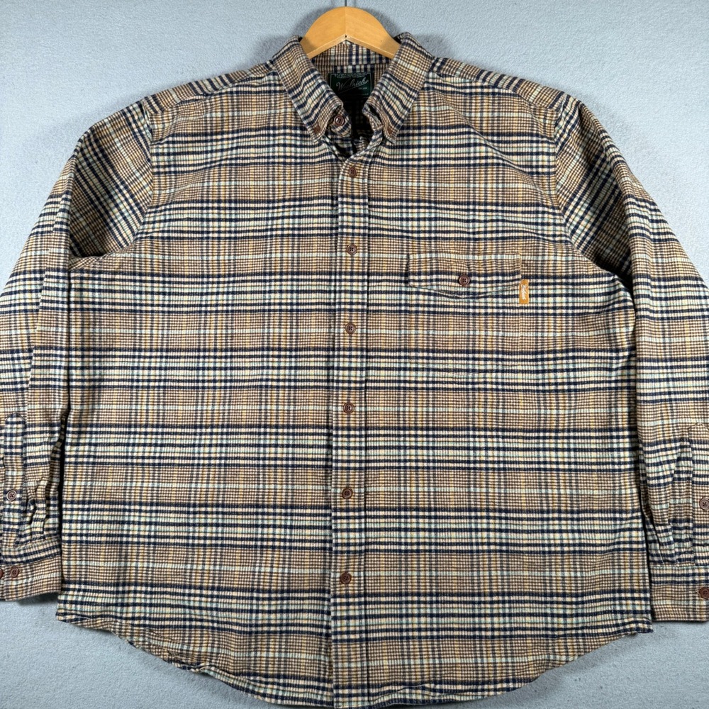 Woolrich Mens XXL Plaid Flannel Shirt Brown Tan Navy Cotton Button Down 6311